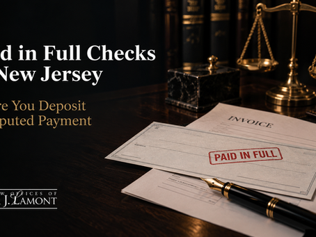 Paid in full checks in New Jersey: a stamped check, invoice, fountain pen and brass scales on a dark desk