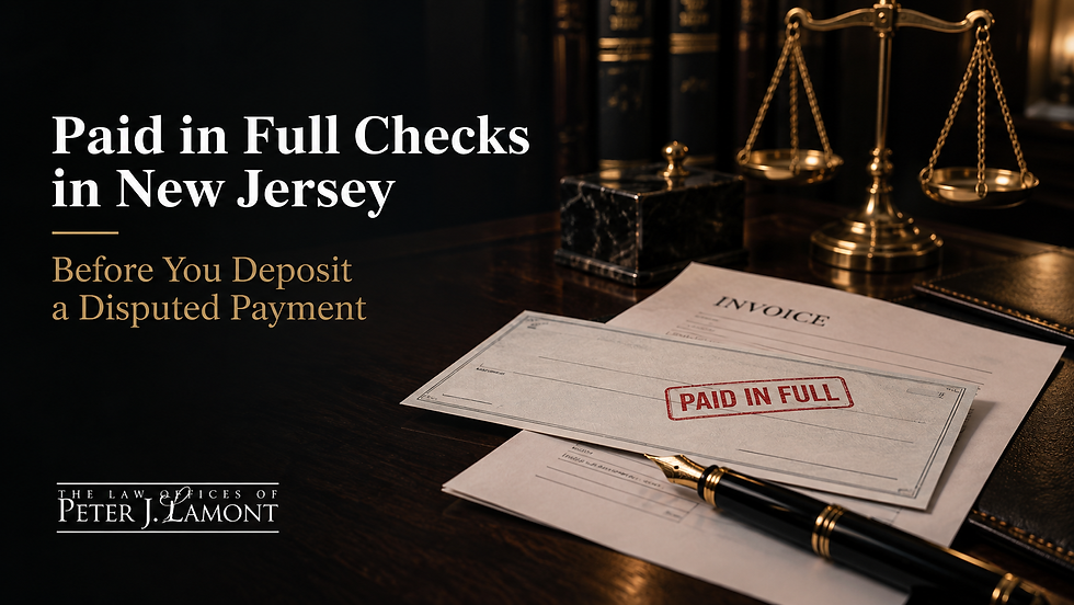 Paid in full checks in New Jersey: a stamped check, invoice, fountain pen and brass scales on a dark desk