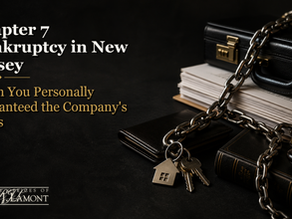 Chapter 7 bankruptcy in New Jersey for a business owner who signed a personal guarantee, shown with a chained briefcase, gavel, and house keys