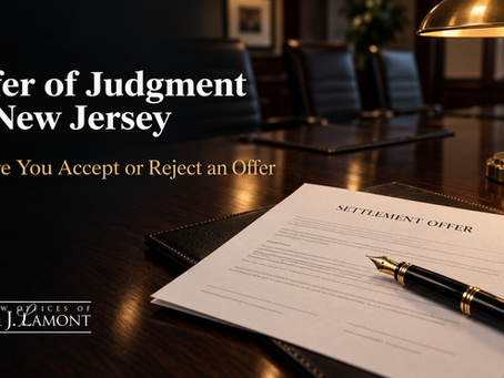 Offer of judgment in New Jersey: settlement papers and fountain pen on a dark conference table