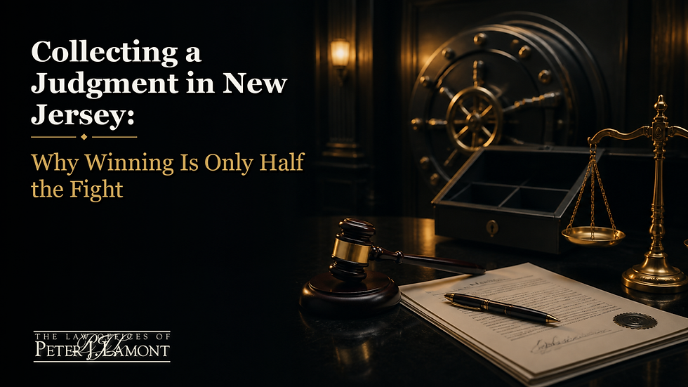 Collecting a judgment in New Jersey: gavel, scales of justice and a court judgment on a desk beside a safe