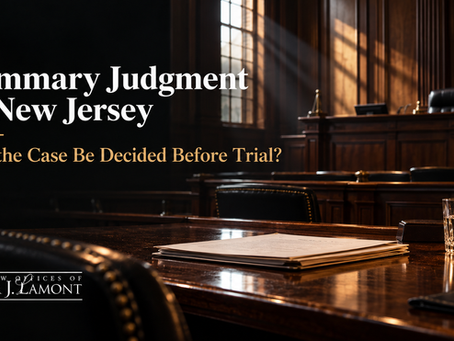 Summary judgment in New Jersey banner showing an empty courtroom