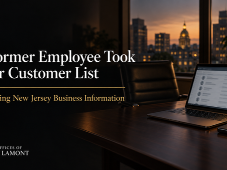 Empty office and laptop with blurred customer records illustrating customer list protection in New Jersey