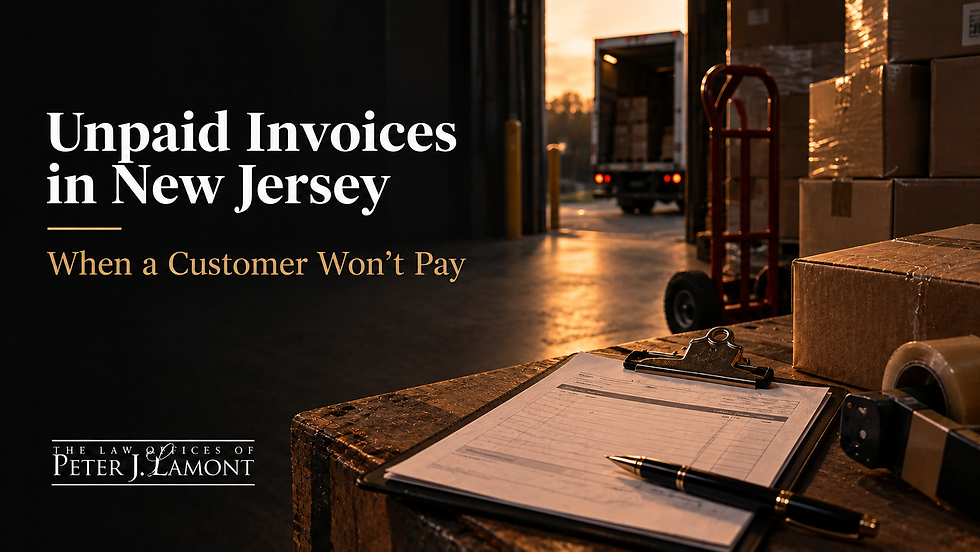 Unpaid invoices in New Jersey banner showing a warehouse and shipping cartons