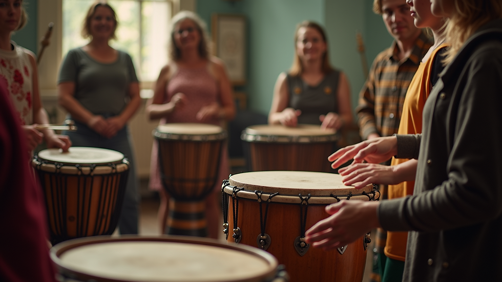 Eye-level view of a group of people participating in a Celtic drumming class