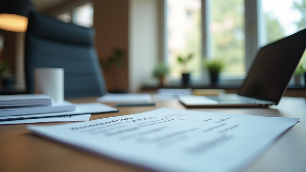 Eye-level view of a modern office desk with official documents and a laptop
