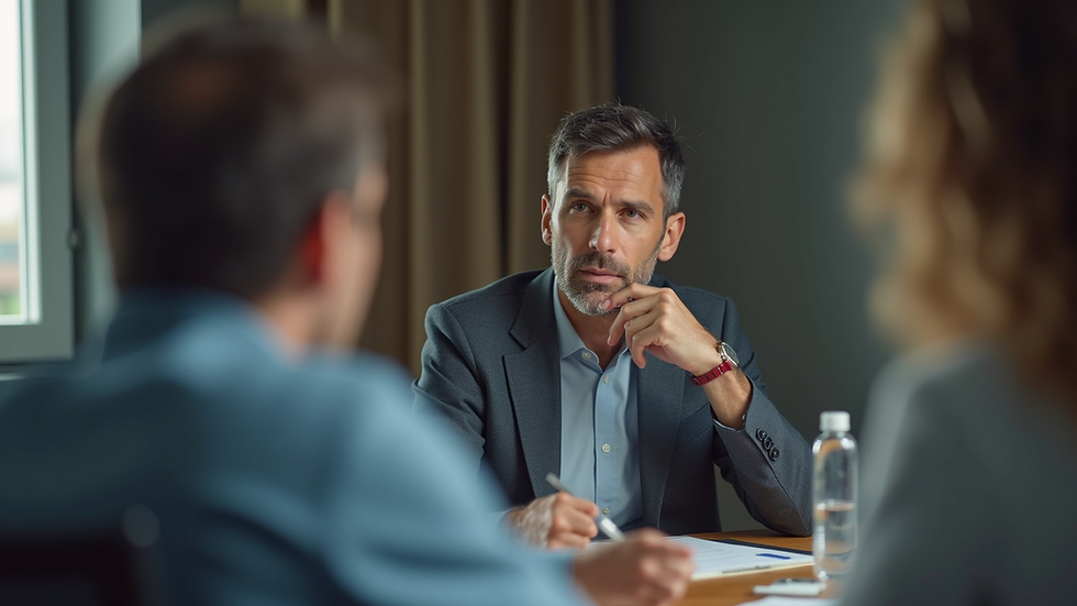Close-up view of a leader thoughtfully listening during a team meeting