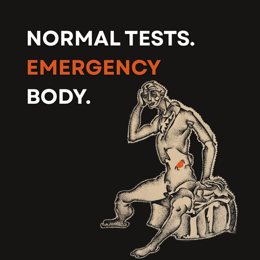 An asymmetrical graphic illustrating the "High-Functioning Override." Text reads "NORMAL TESTS. EMERGENCY BODY." alongside an expressive, fragmented sketch of a seated figure. The image captures the feeling of internal redlining and biological debt, highlighted by a red bird symbol in the gut.