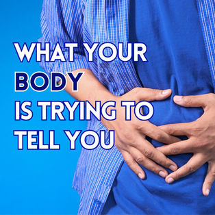 A person in a blue shirt holding their stomach, used to represent physical sensations linked to stress or unprocessed emotion. Text on image reads: “What Your Body Is Trying to Tell You.”
