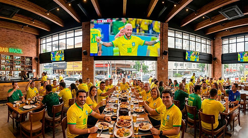 Público em um bar esportivo assistindo ao jogo da Seleção Brasileira em um painel de LED de alta definição da Tecmais. A imagem mostra torcedores uniformizados, mesas fartas e o craque Neymar comemorando no telão central, destacando a qualidade da transmissão para eventos comerciais.