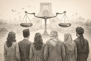 نمایی نمادین از گروهی از افراد با پوشش‌های متنوع در برابر برج آزادی تهران