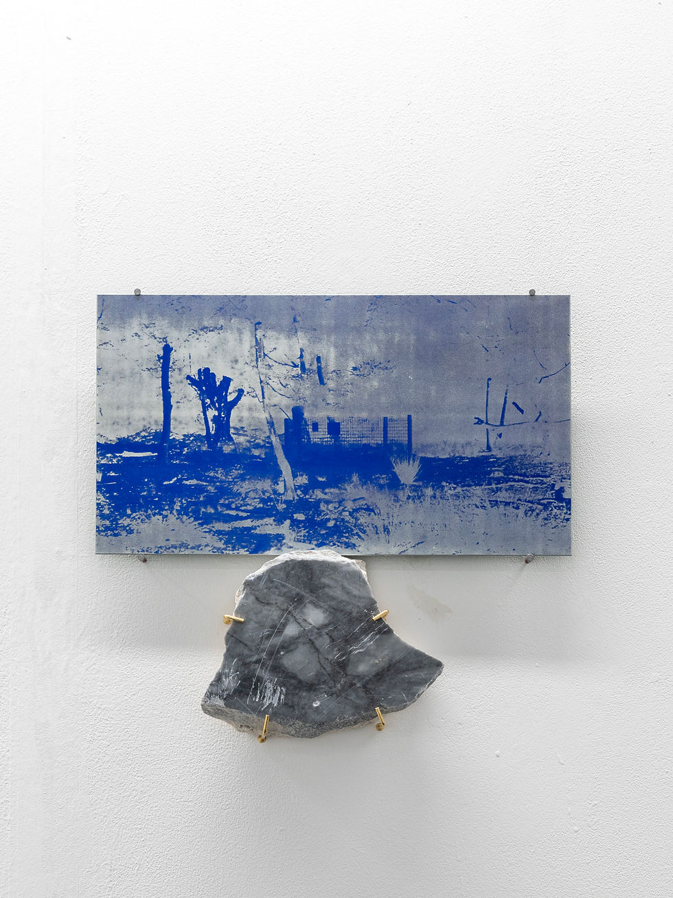 I Will Trace It Again I, acid etched photograph in metal, 40 x 22.5cm, salvaged stone, overall dimensions variable, 2025