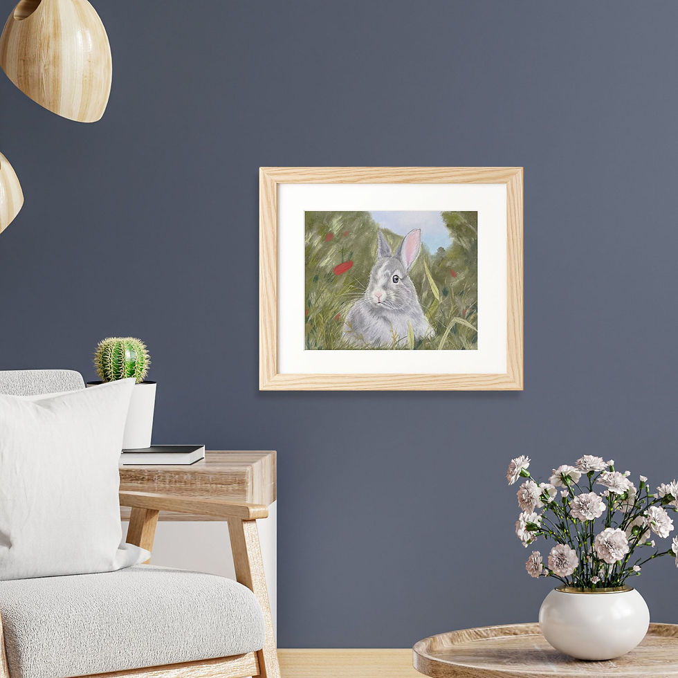 Soft grey bunny in grassy flower field impressionistic original shown in modern wood frame