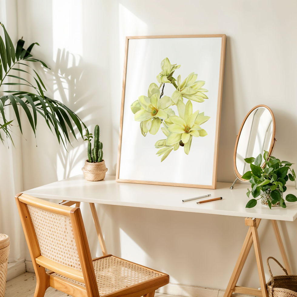 Gold Star magnolia colored pencil painting shown in natural wood frame
