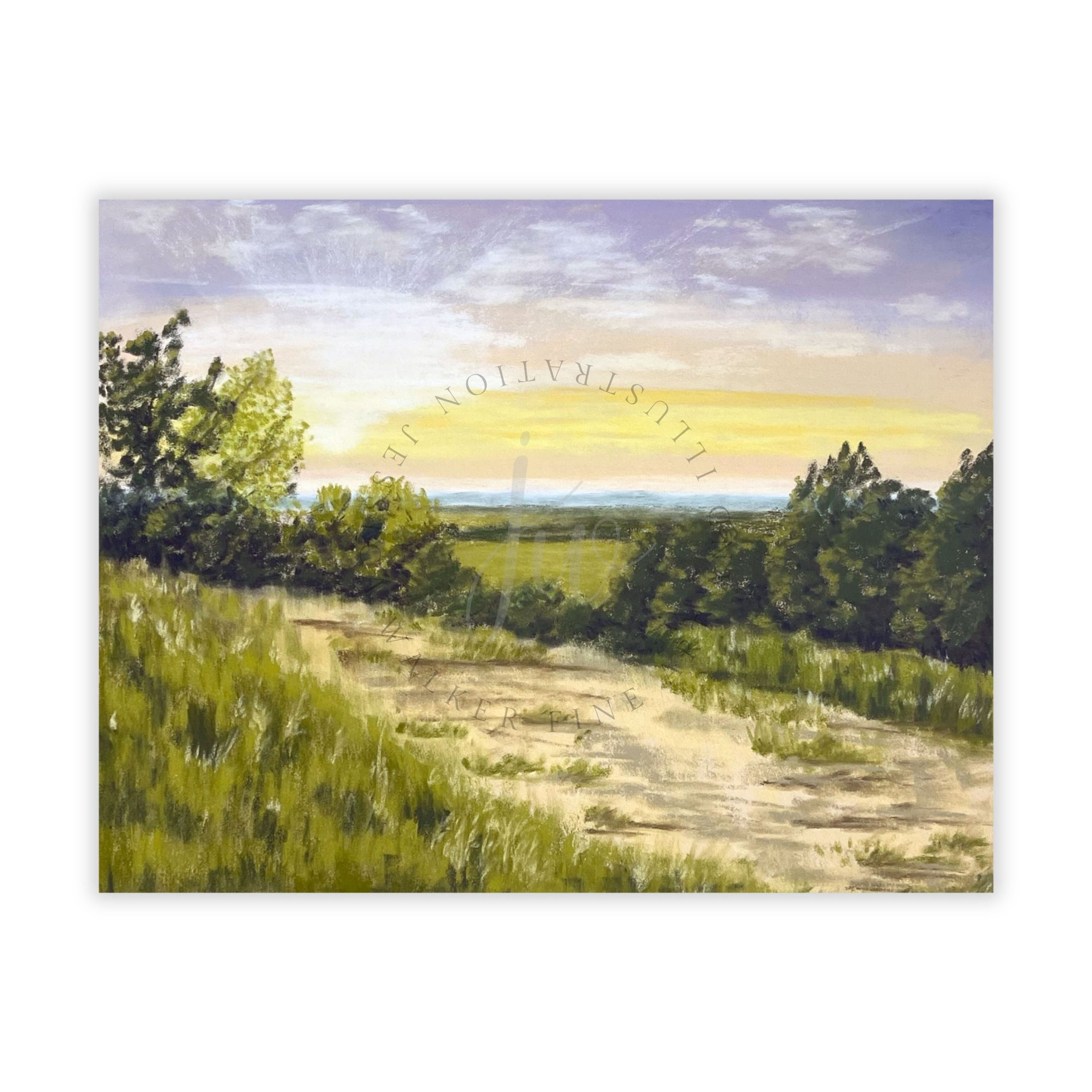 original soft pastel painting of countryside path winding through glowing summer grasses beneath the fading light of evening.