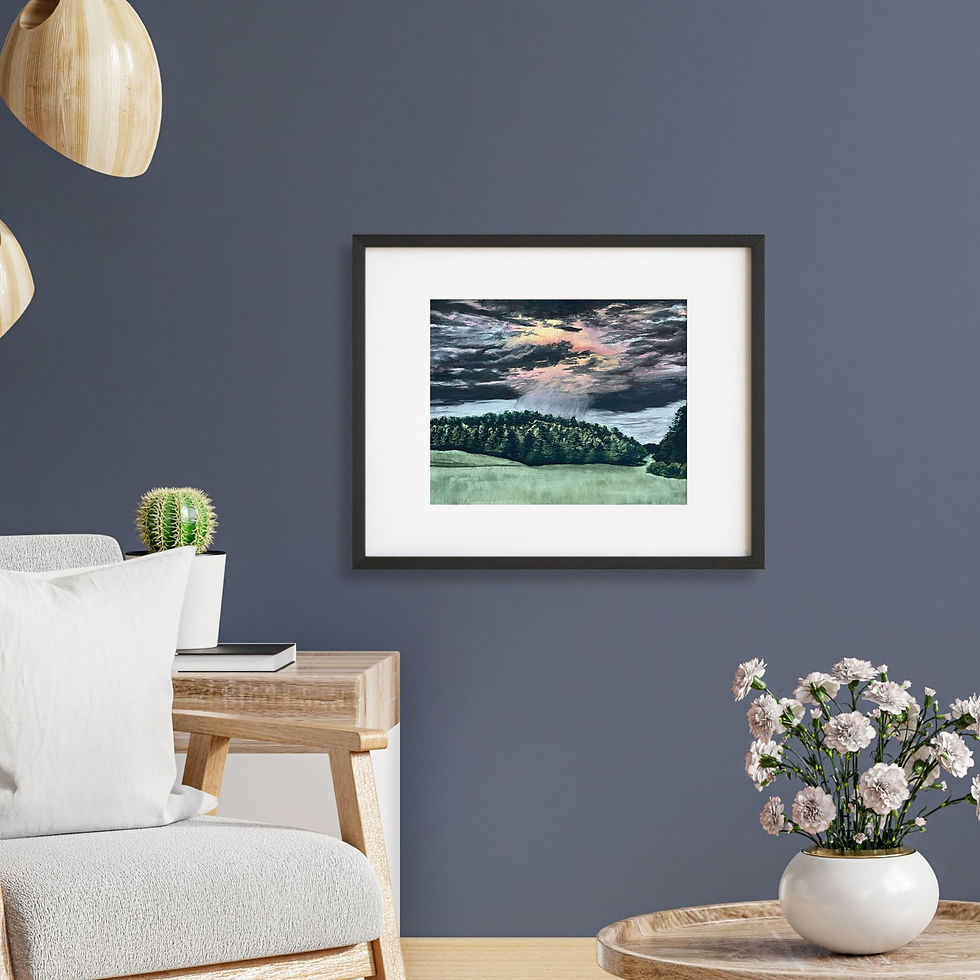 Dark dramatic storm cloud pastel painting shown in black frame on living room wall
