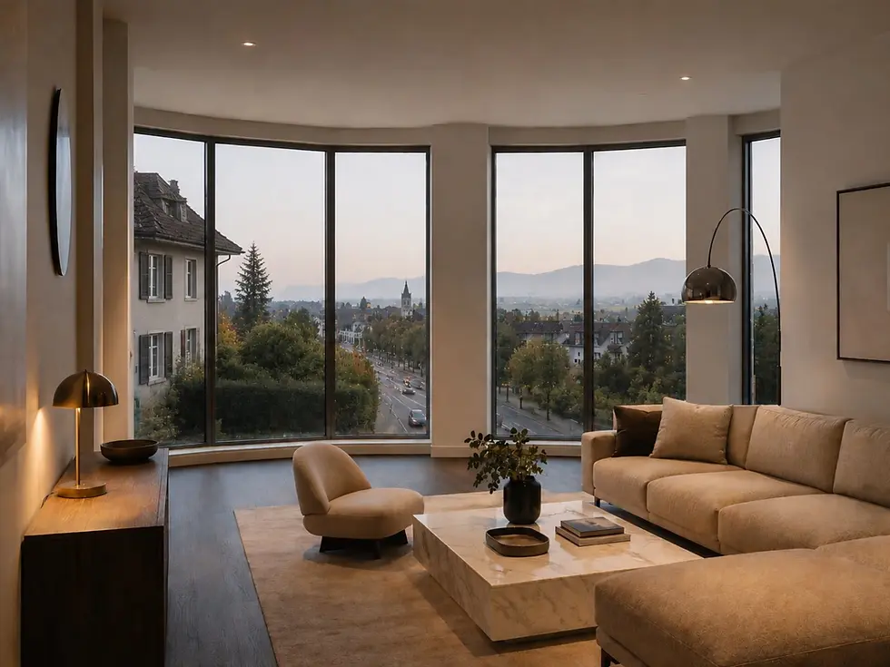 Salon moderne avec vue panoramique utilisant la technologie Smartfilm Vitroflex