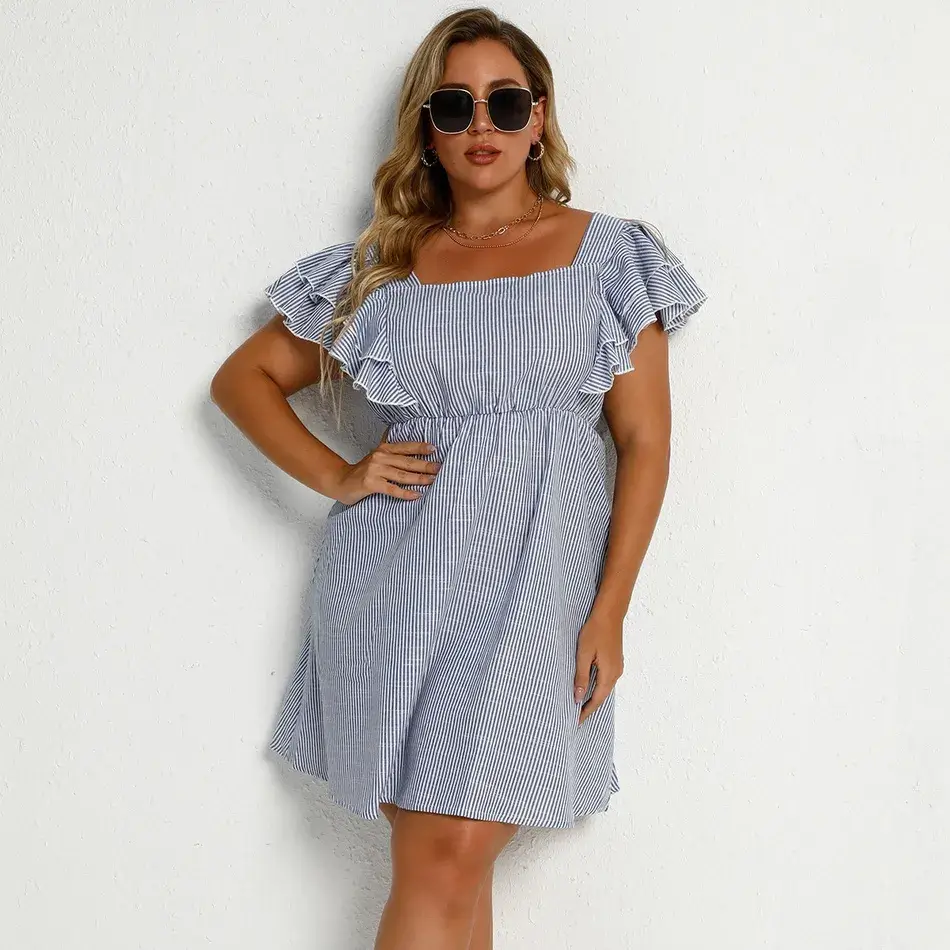 Thumbnail: Casual Striped Layered Flutter-sleeve Waisted Midi Dress