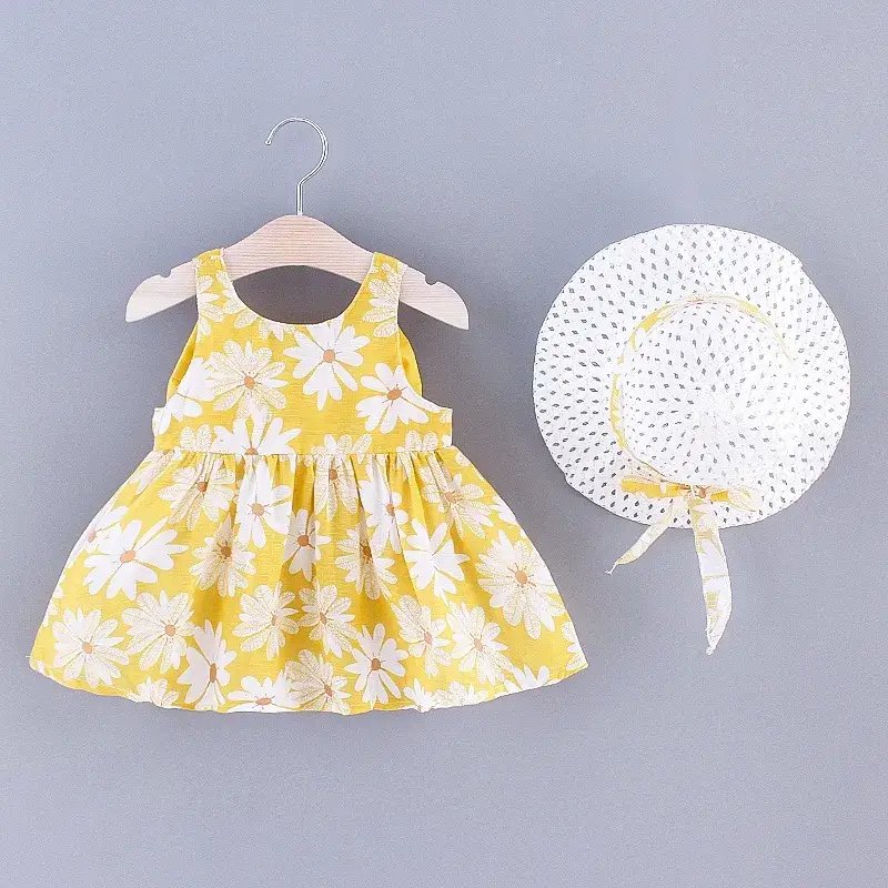 Thumbnail: 2pcs Daisy Print Bowknot Décor Sleeveless Baby Set