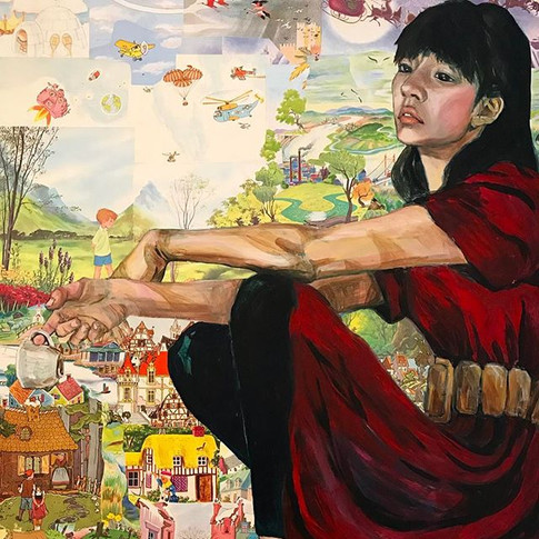 The Giant Asian Girl series, 36” x 48”, acrylic paint and collage on panel #Painting #collage