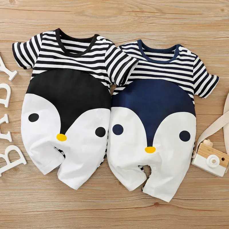 Thumbnail: 100% Cotton Penguin Stripe Print Short-sleeve Baby Romper
