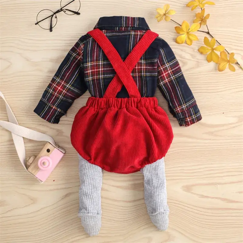 Thumbnail: 100% Cotton 3pcs Baby Bow Tie Long-sleeve Plaid Shirt and Suspender Shorts with