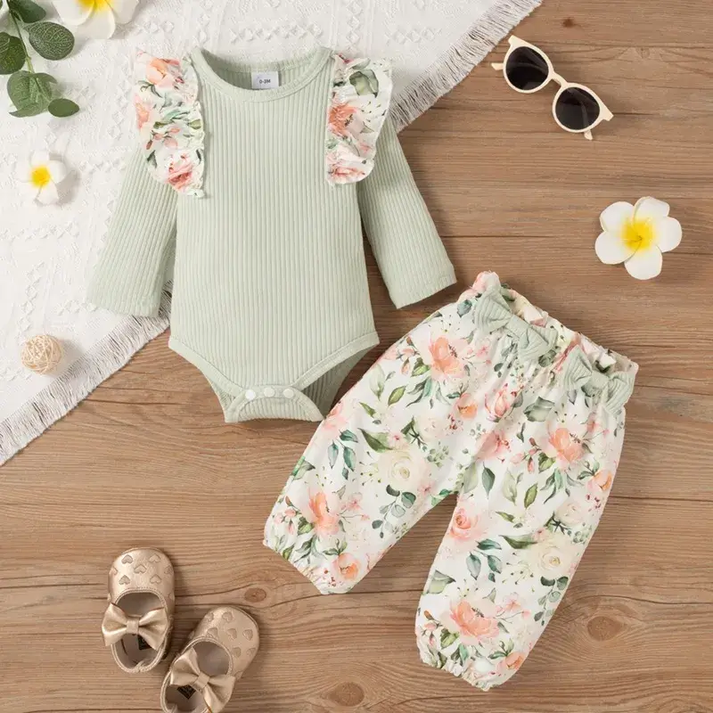 Thumbnail: 2pcs Baby Dress Ruffle Romper & Bowknot Floral Trousers