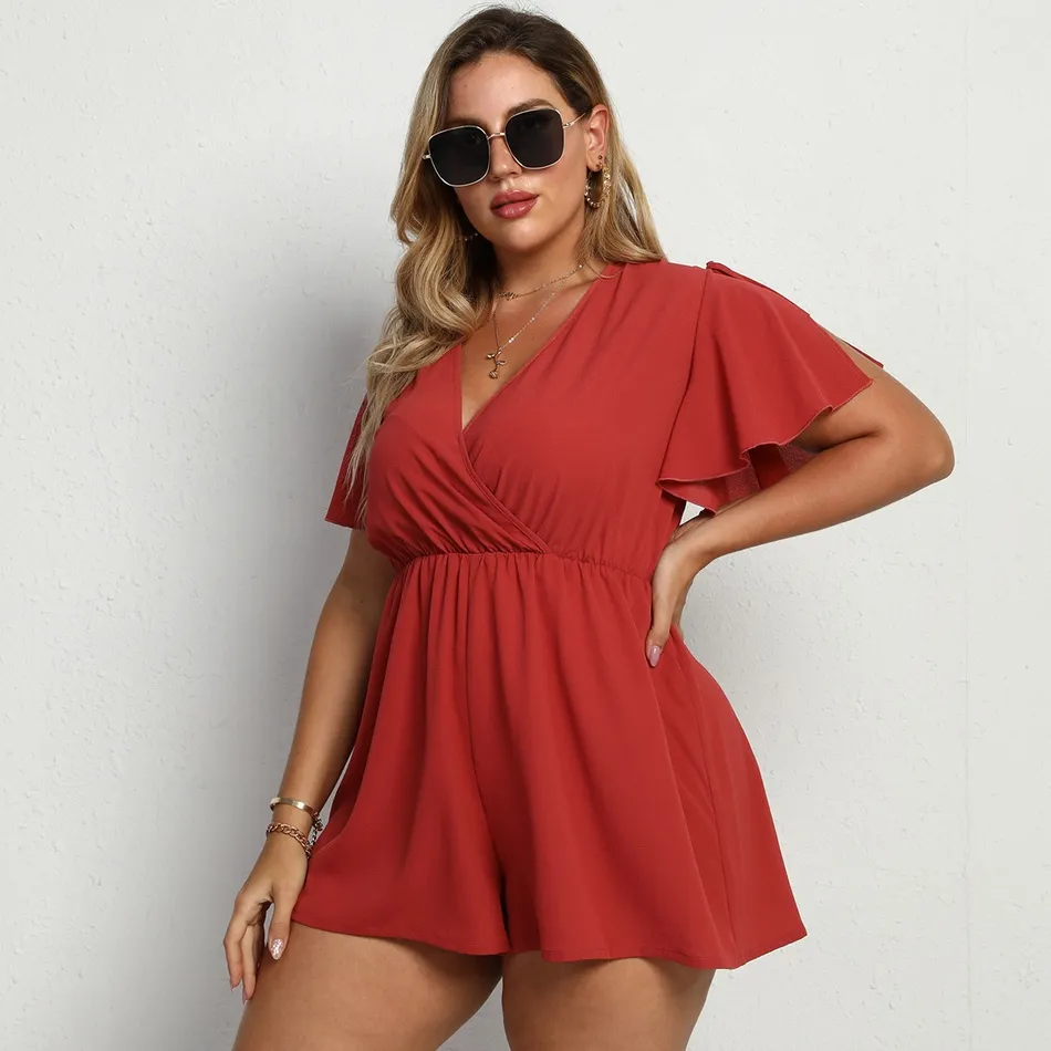 Thumbnail: Backless Butterfly Sleeve Red Romper Shorts