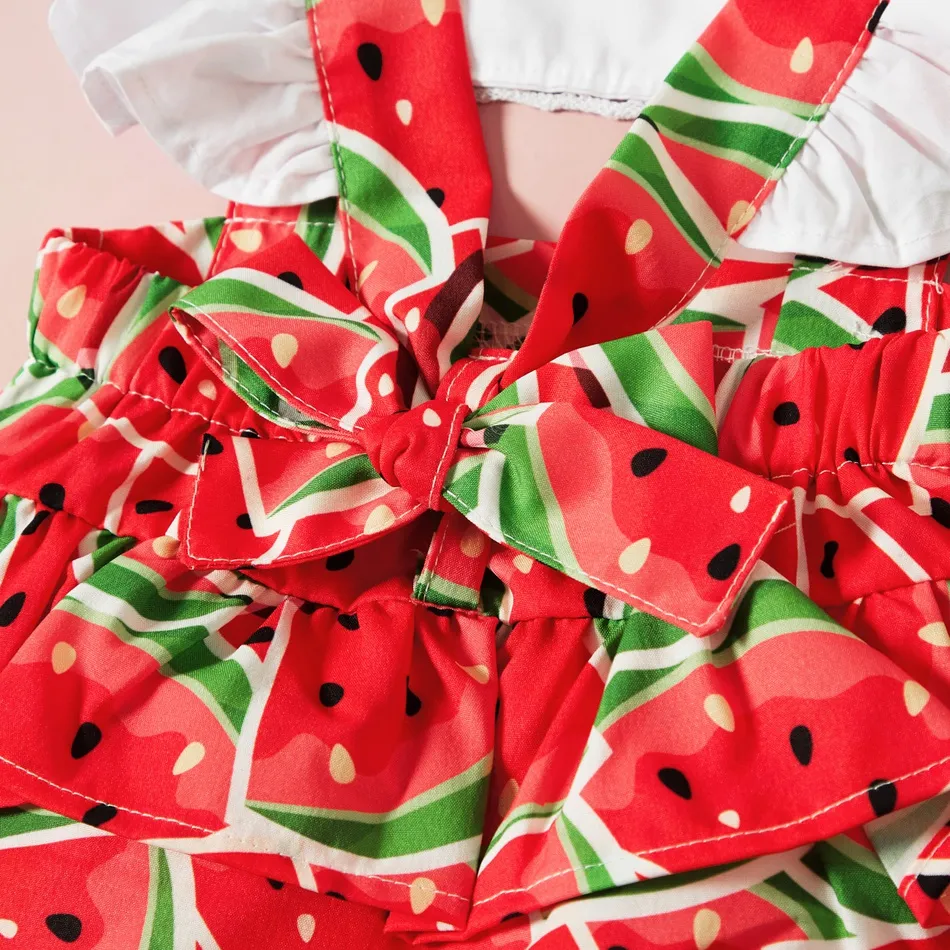 Thumbnail: 2pcs Watermelon or Stawberry Print Splice Flutter-sleeve Baby Set