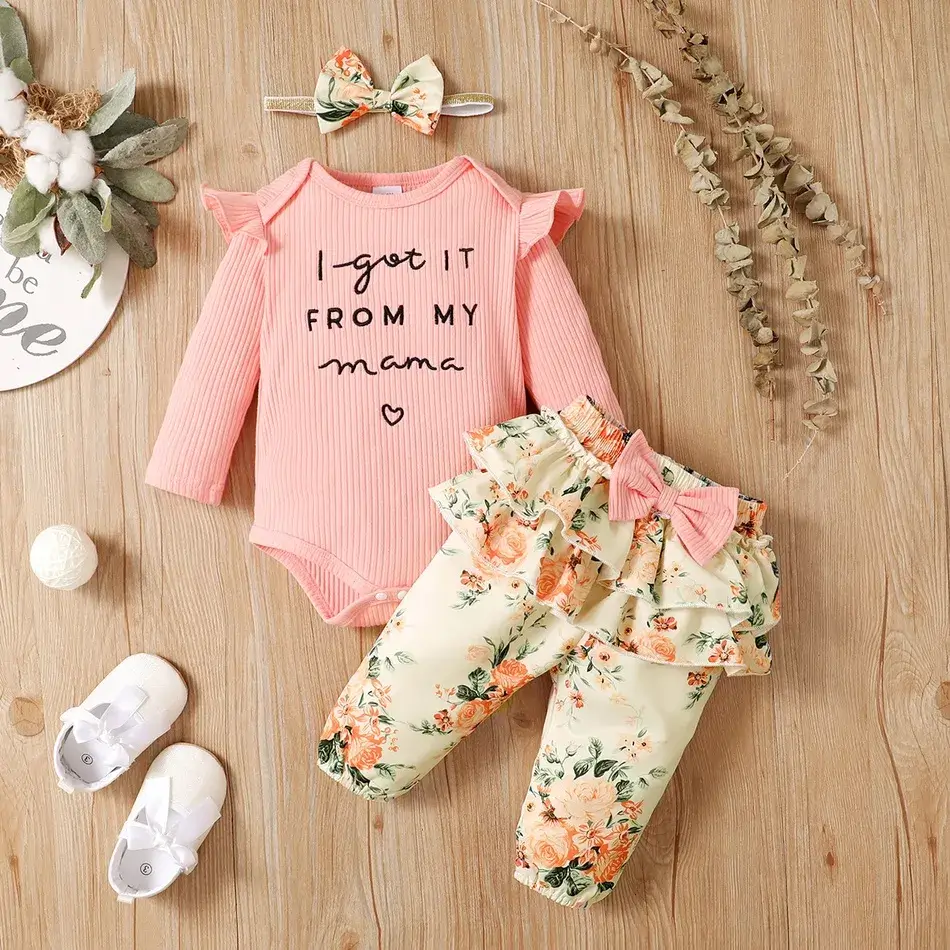 Thumbnail: 3pcs Baby Ribbed Romper and Floral Suspender Skirs