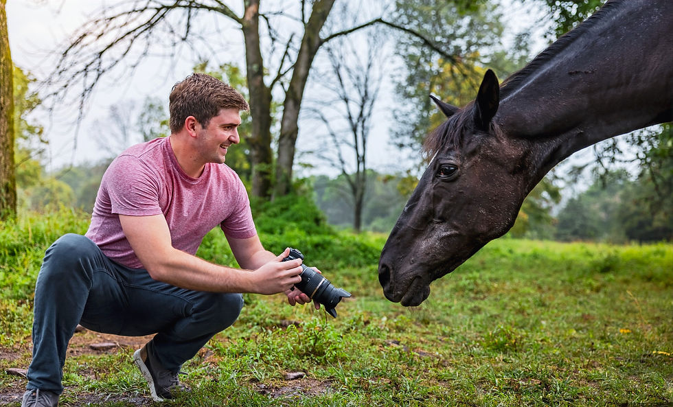 Videographer working with horse to capture business video content.