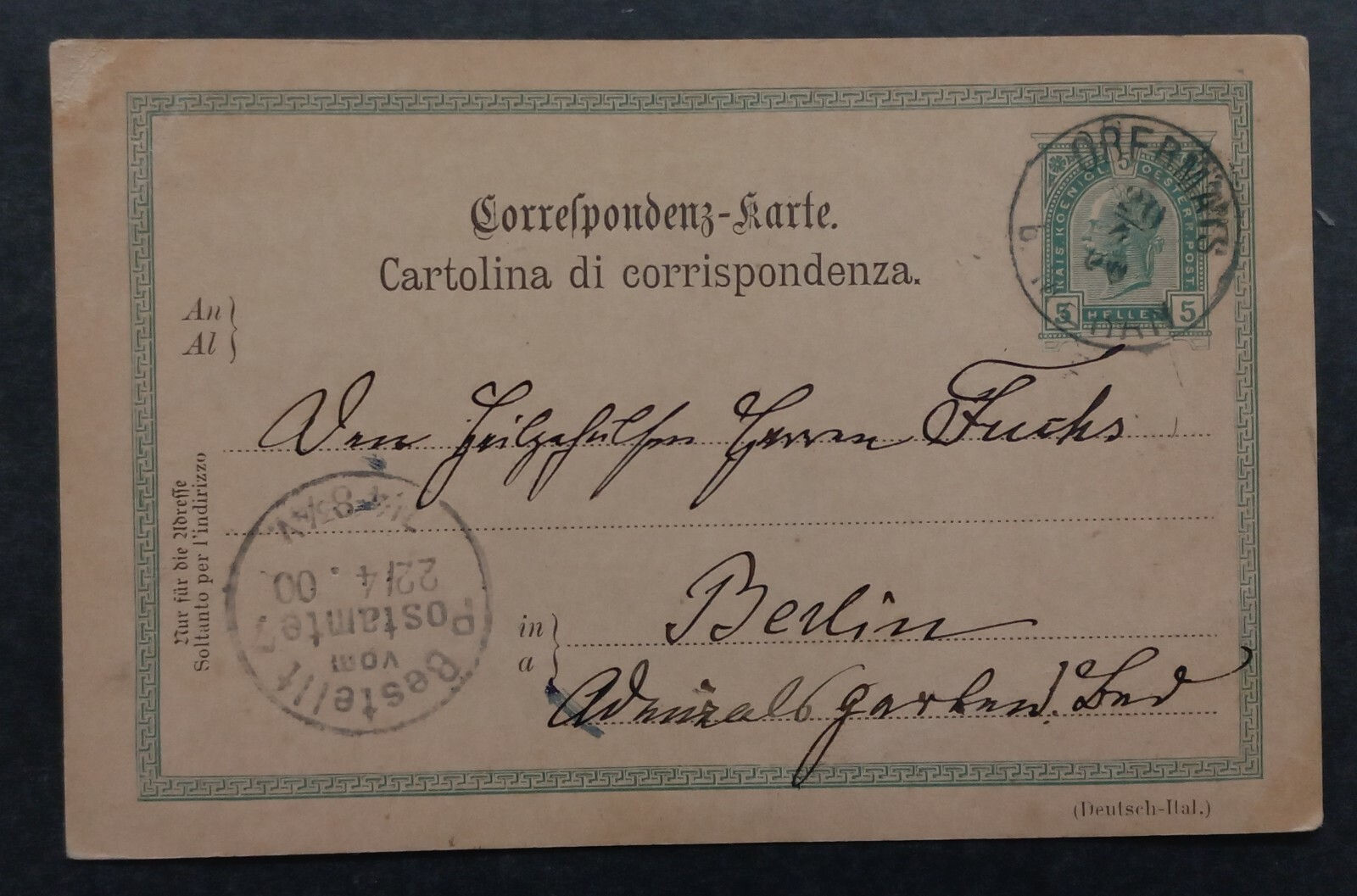 1900 Austria-Hungary 5H Stamped Postcard cd Obermais to Berlin