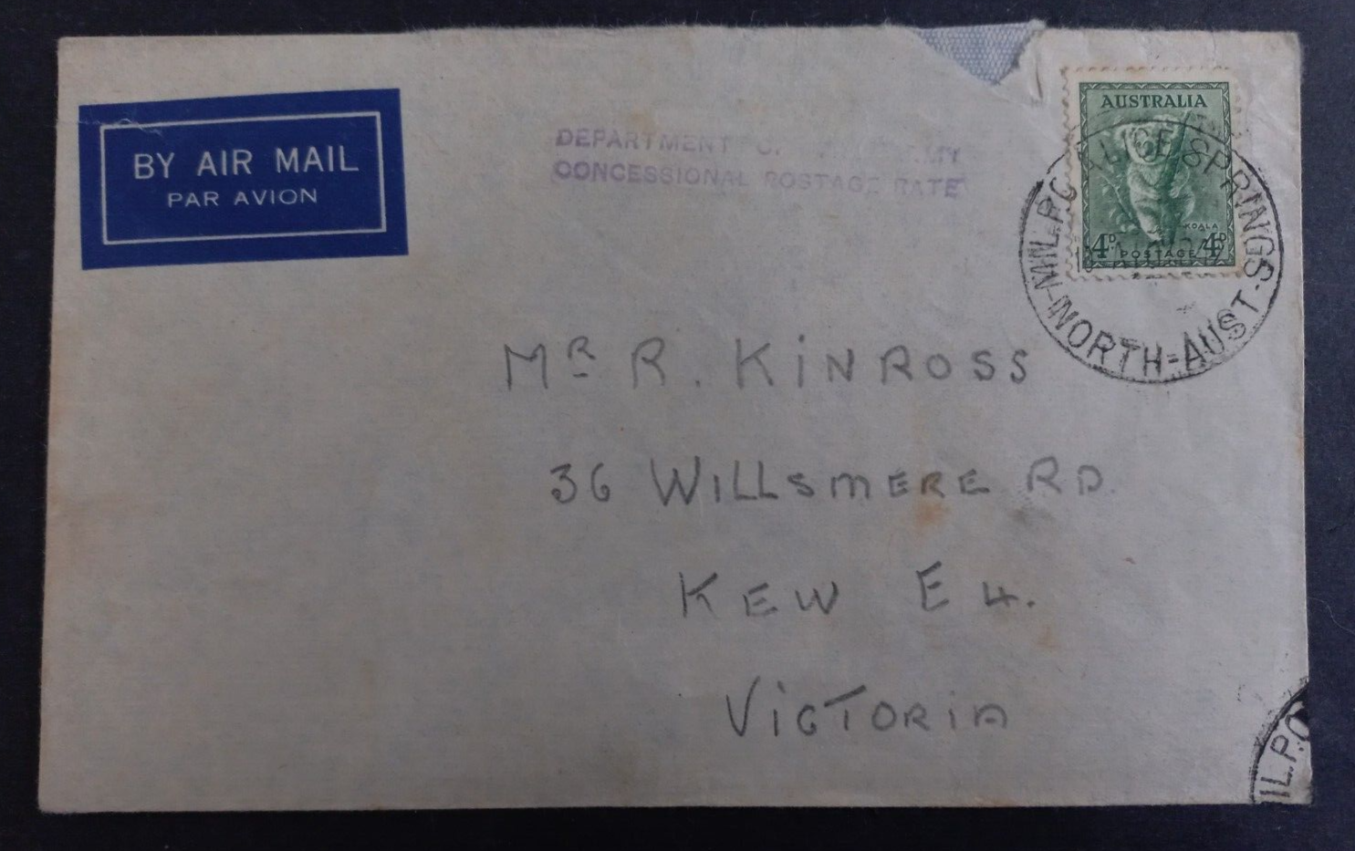 1942 Australia Airmail Cover ties 4d stamp cd Alice Springs-Kew