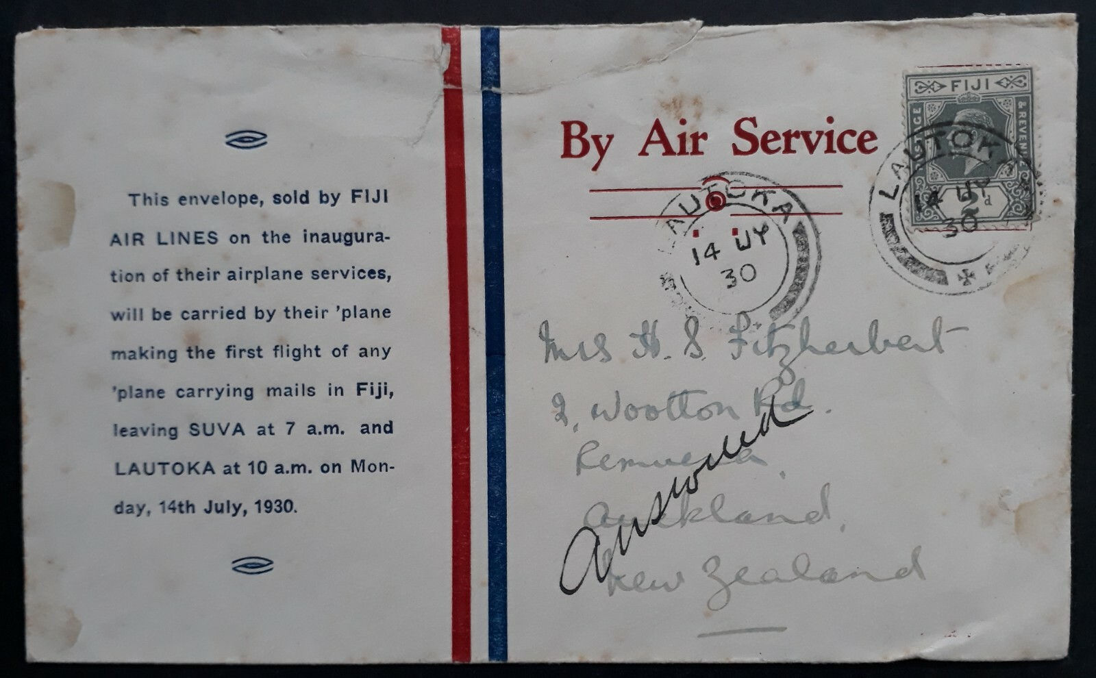 VERY RARE 1930 Fiji Air Lines 1st Airmail Flight Cover ties 2d stamp Lautoka