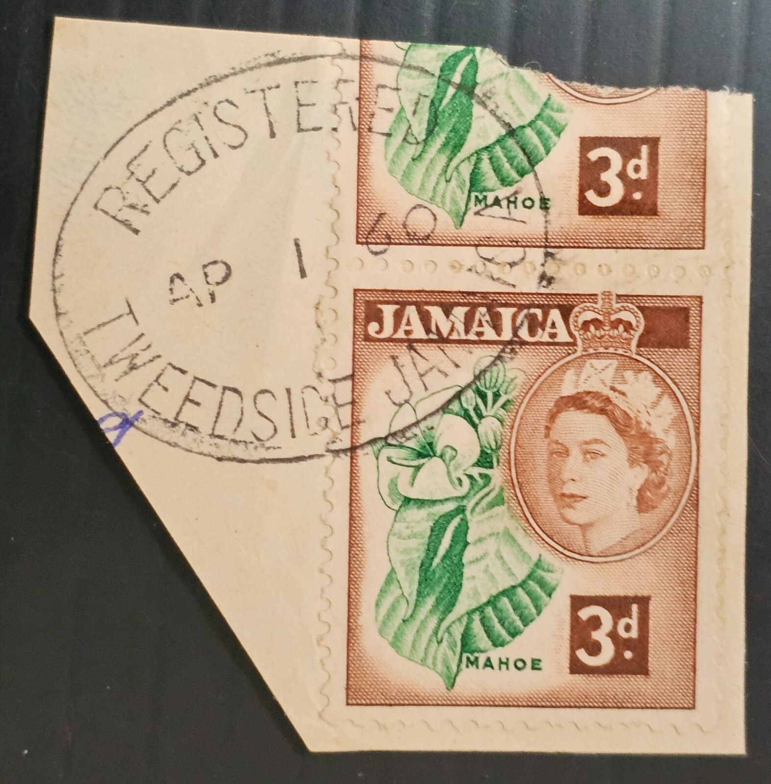 1960 Jamaica 3d stamp on piece cd Registered Tweedside