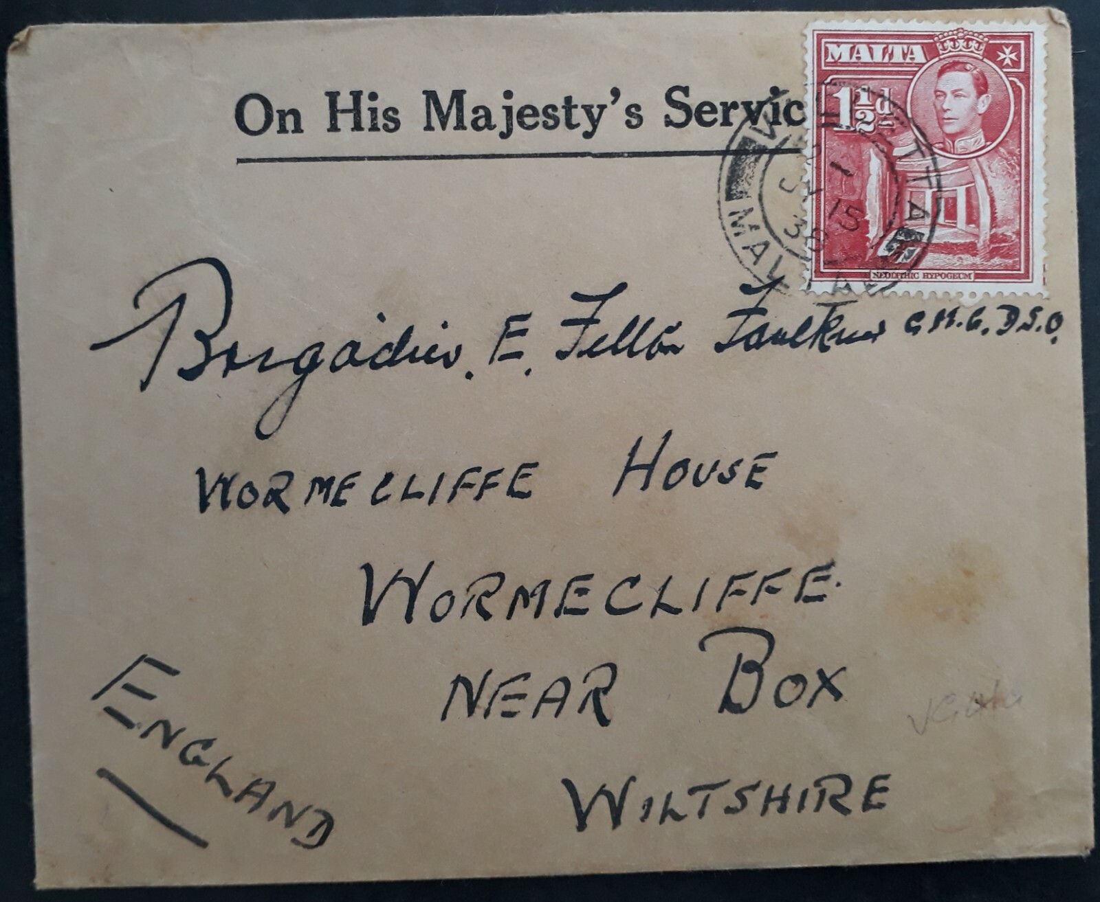 SCARCE 1938 Malta O.H.M.S. Cover ties 1 1/2d stamp to England