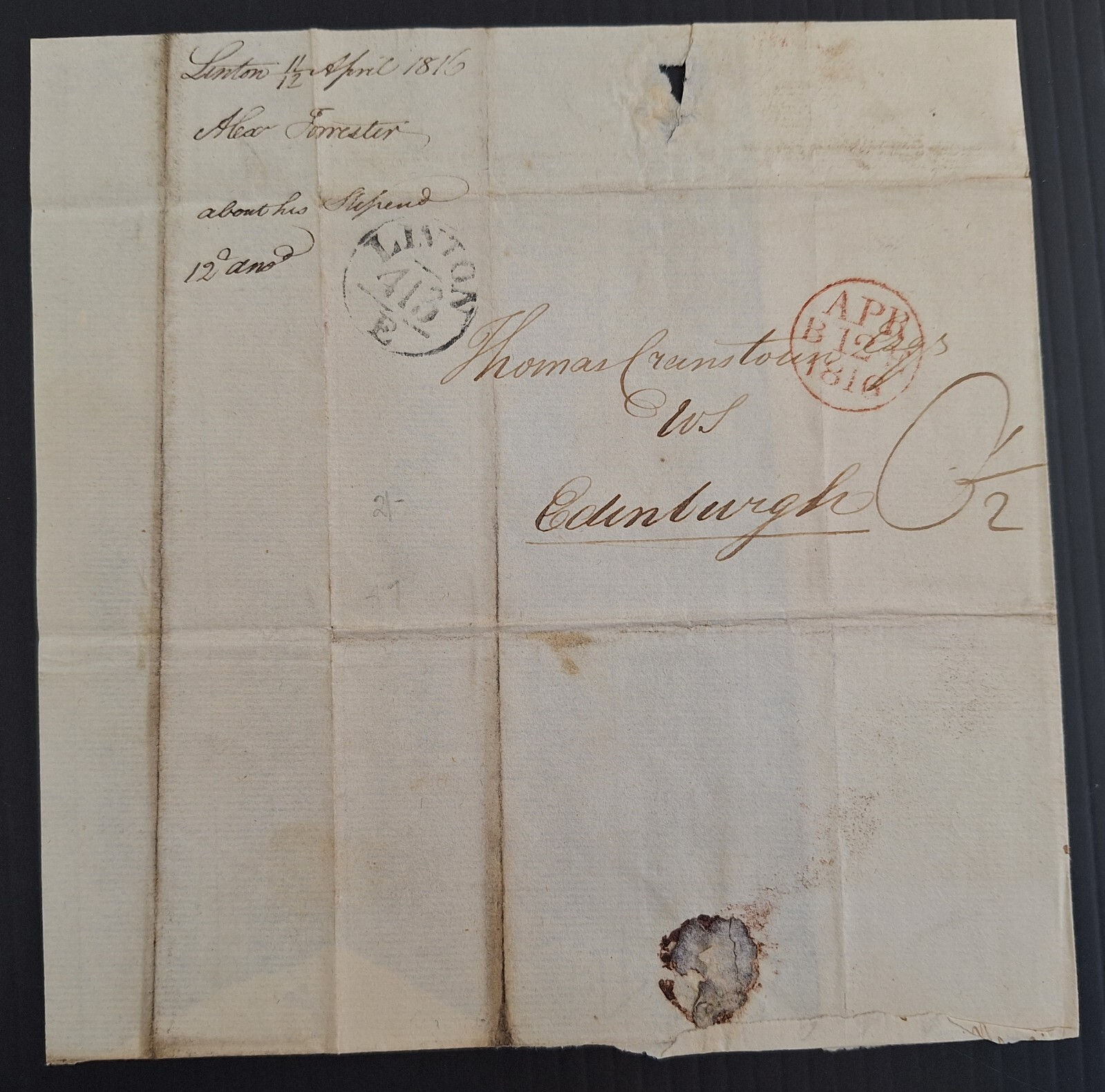 1816 Great Britain Part Entire cd Linton-Edinburgh w date stamp