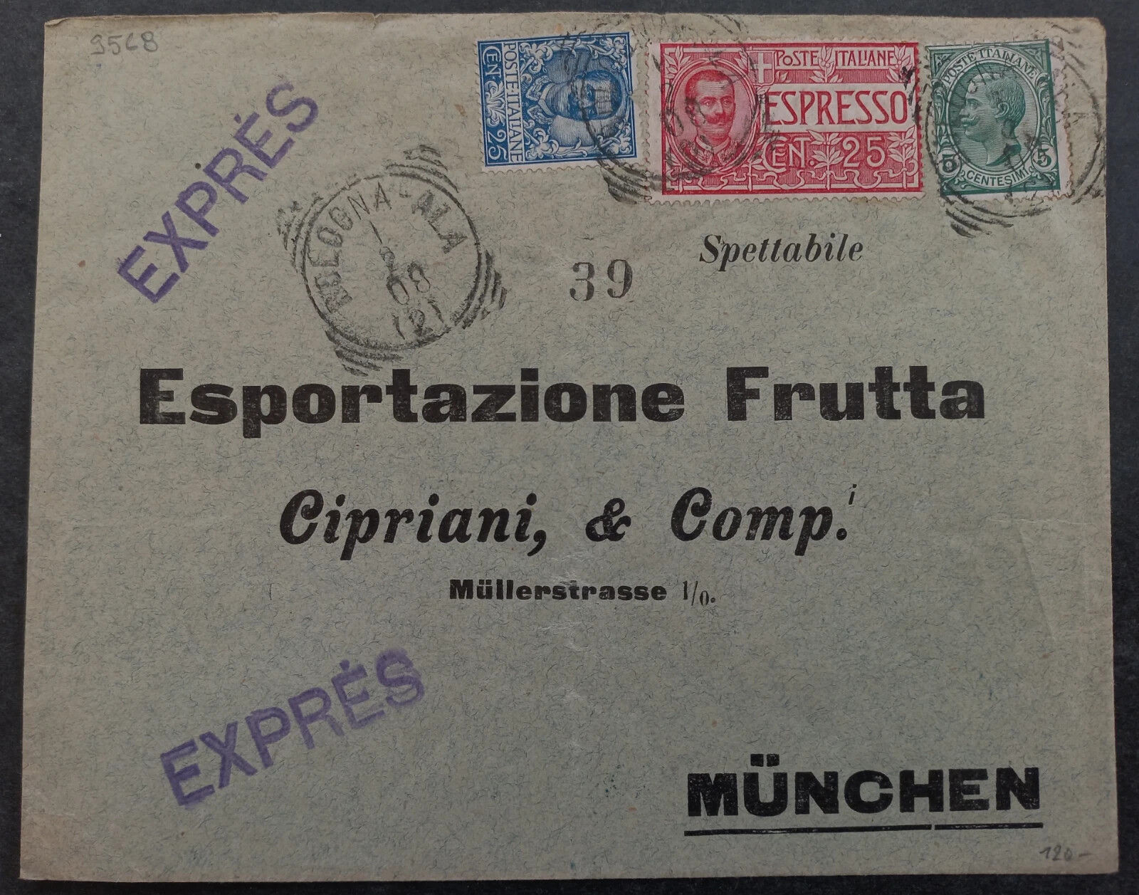 RARE 1908 Italy Express Cover ties 3 stamps canc Bologna to Germany