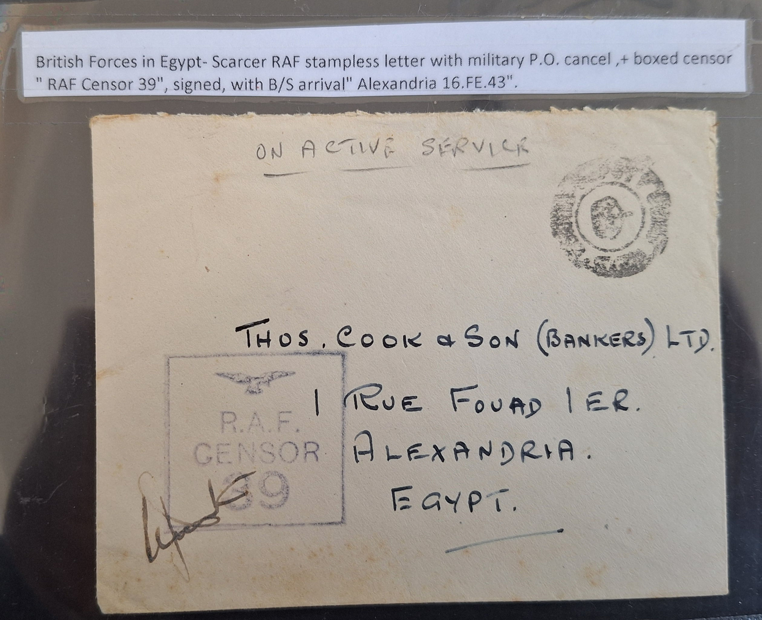 1945 Egypt On Active Service RAF Censor Cover w Circular Crown cds - Alexandria
