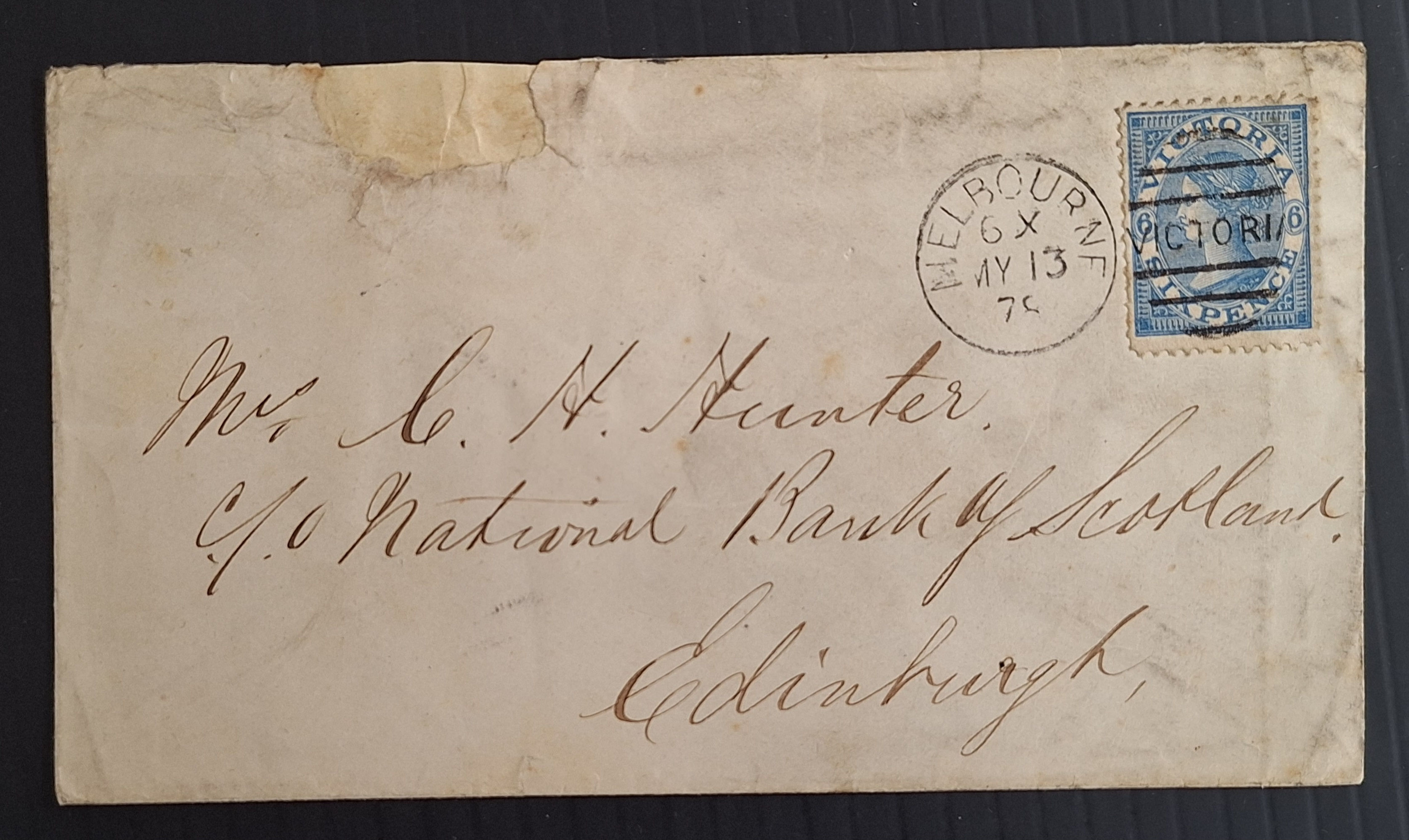 1878 Victoria Australia 6d Dp Blue Laureate stamp on Cover Melbourne-Edinburgh