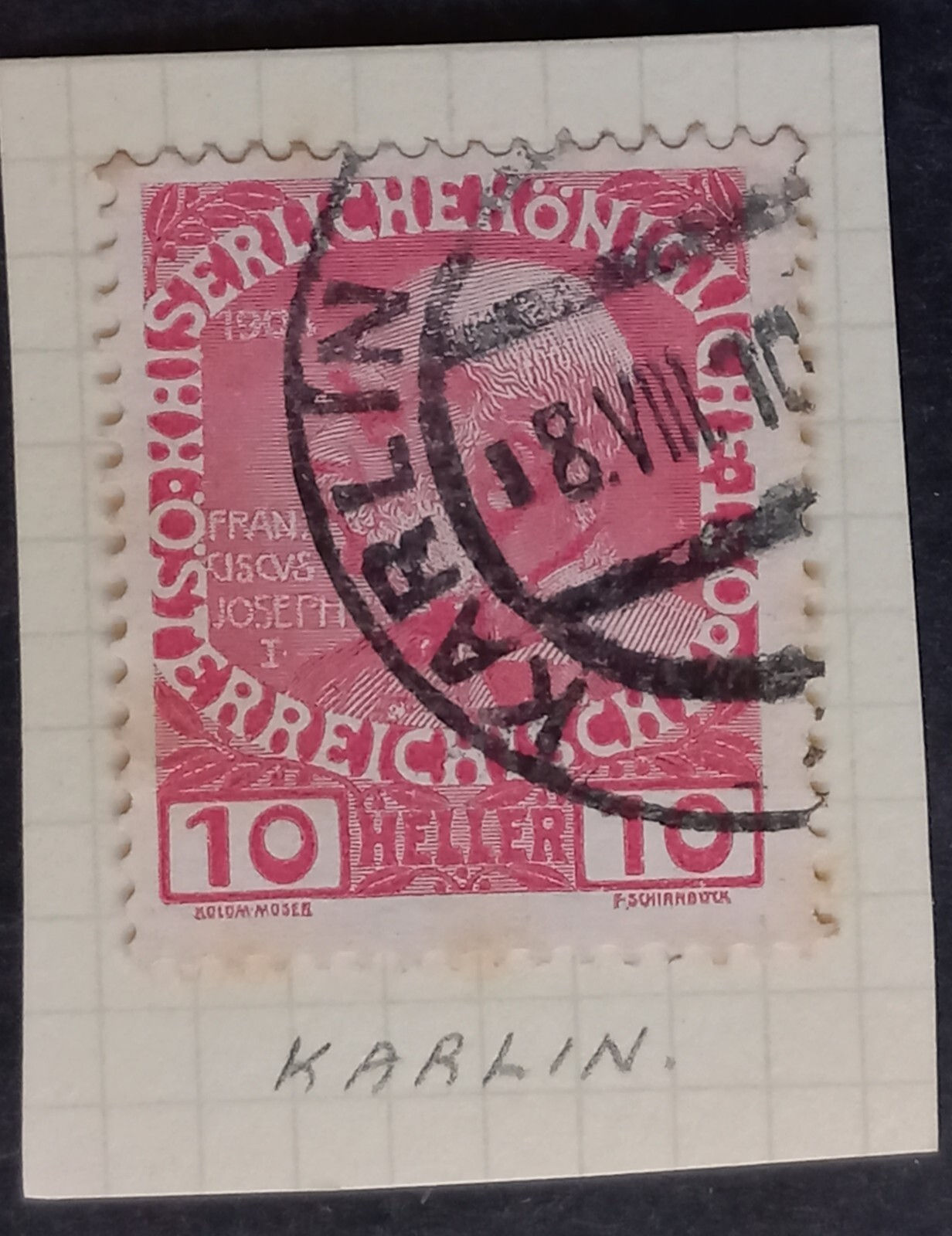 1910 Austria 10H Franz Josef I Commemorative Stamp cd Karlin