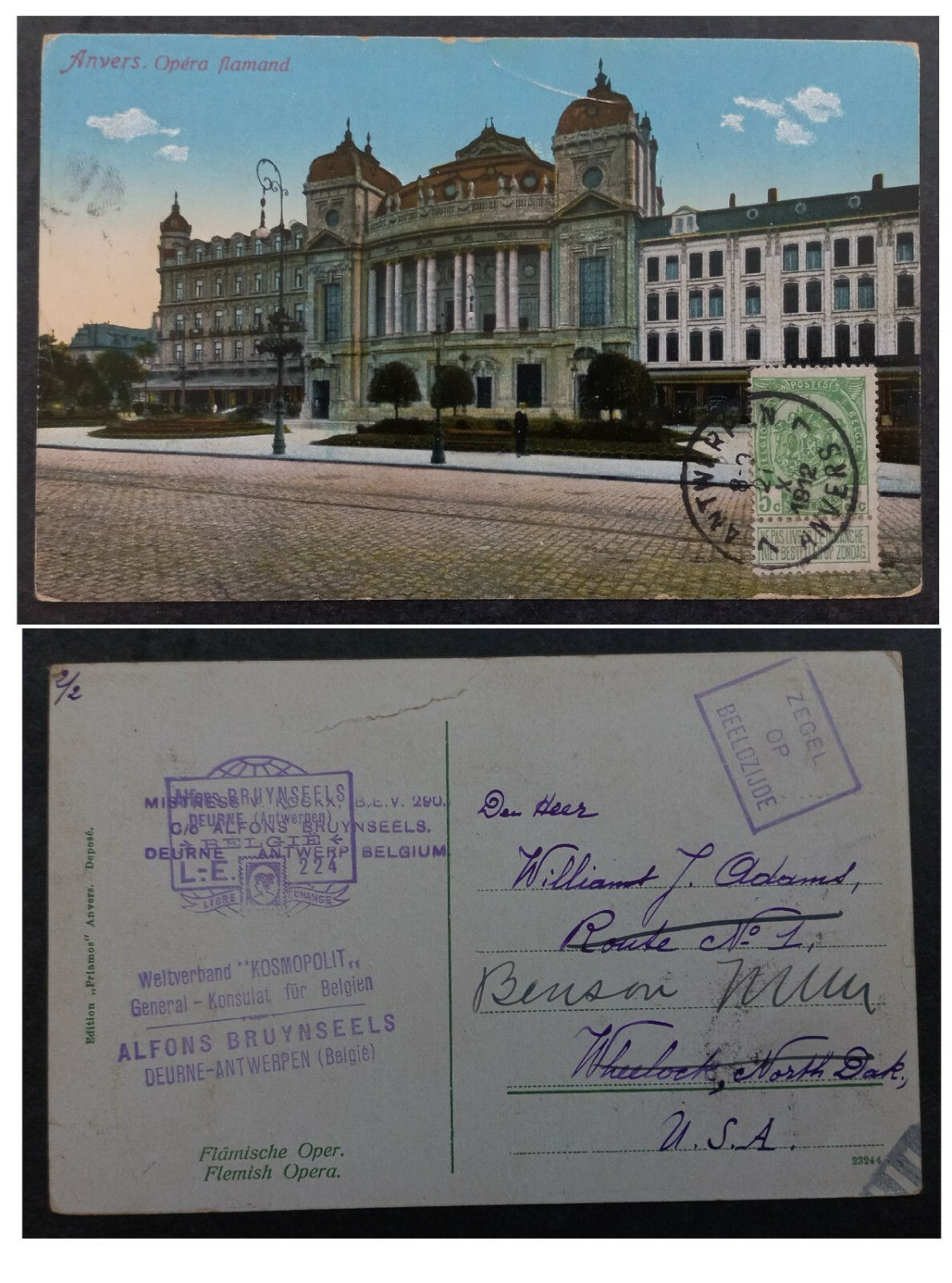 1912 Belgium Postcard-Anvers, Flemish Opera ties 5c Stamp cd Antwerp
