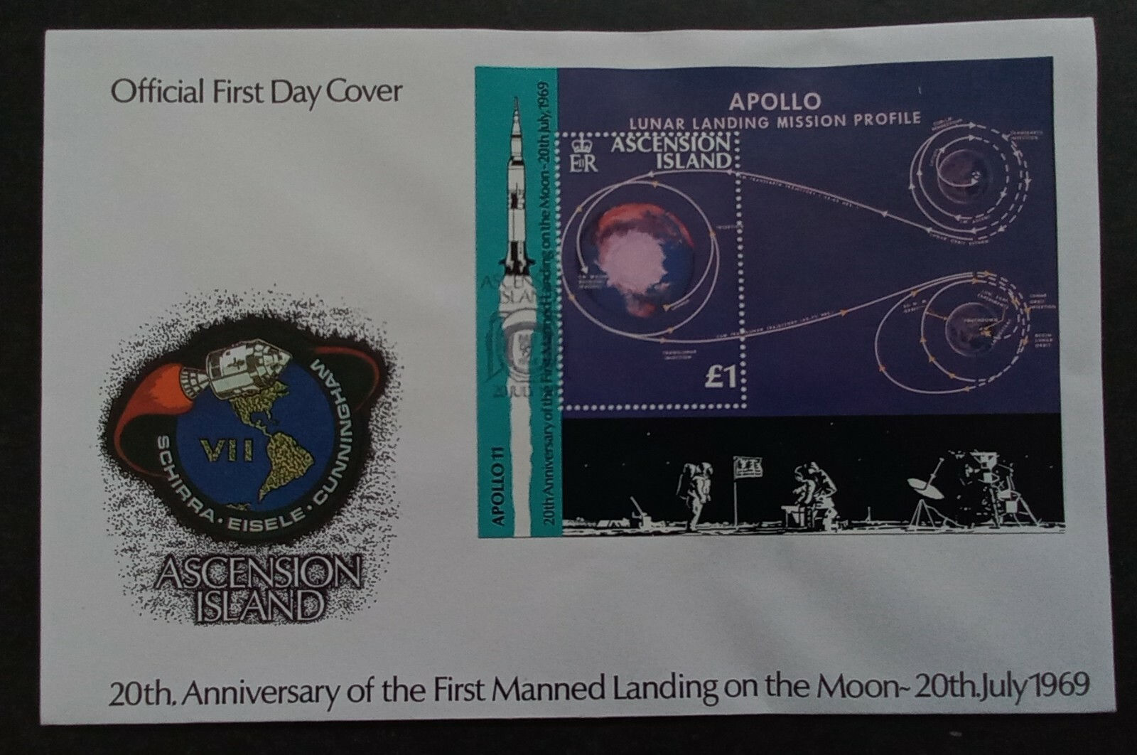 1989 Ascension Island Moon landing Anniv FDC ties 1£ Stamp cd Ascension