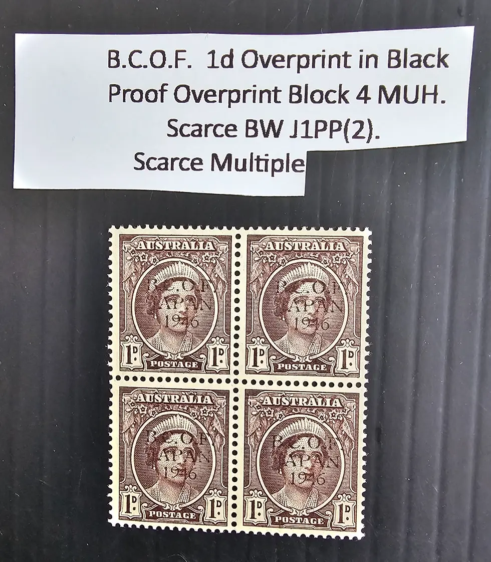 1946- Australia Blk 4X1d PB Brown QE Stamps BCOF JAPAN 1946 O/P PROOF No Hinge