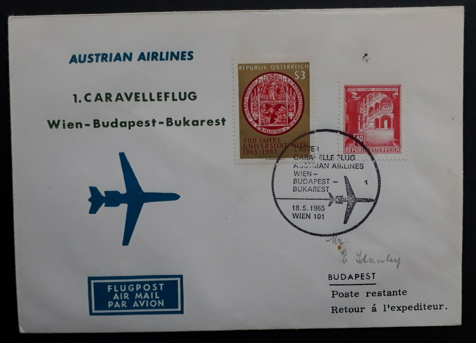 1965 Austria 1st Flight Caravelle Vienna to Bucharest Cover ties 2 stamps