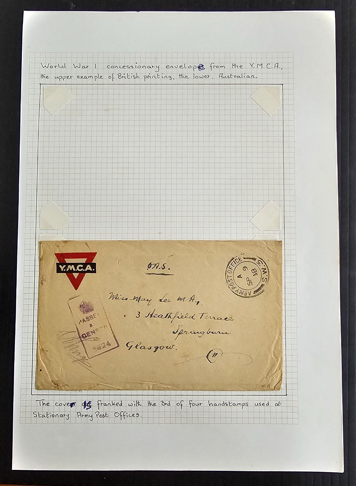 1918 Australia YMCA Censor Cover cd Army Post Office-Glasgow