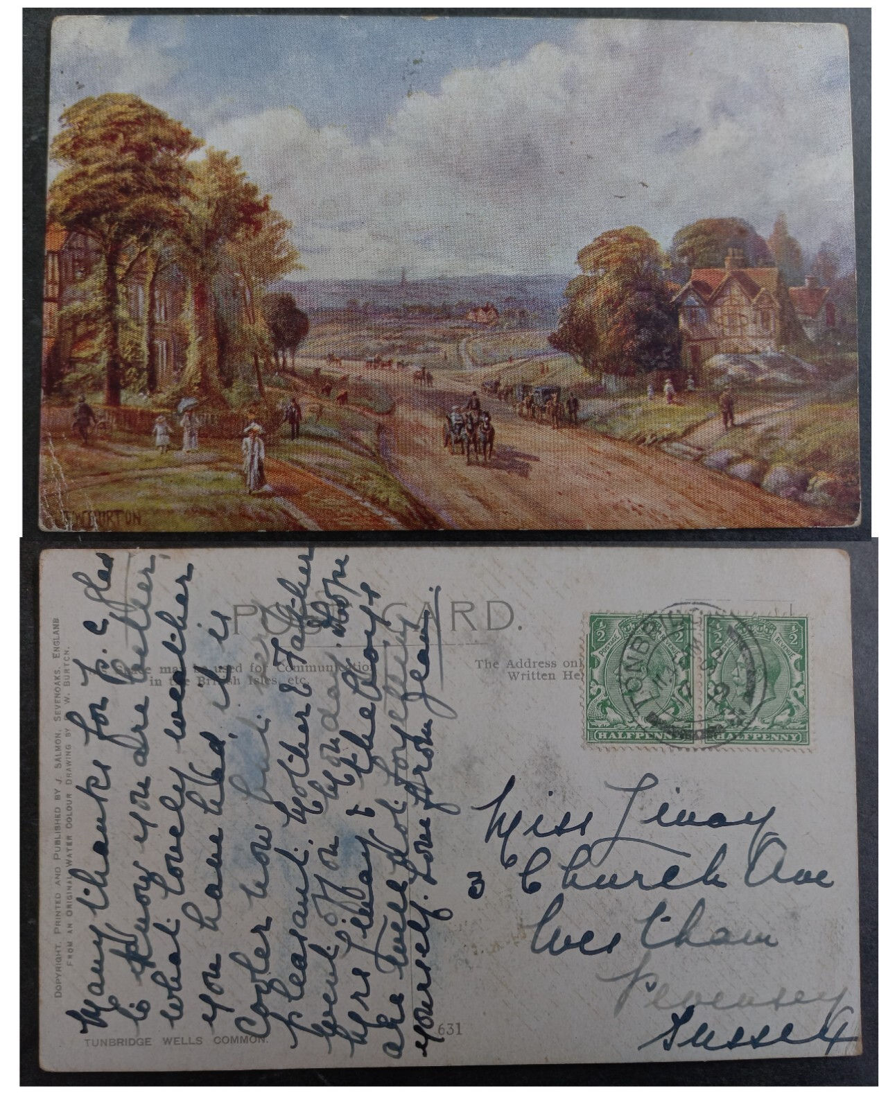 1919 Great Britain Postcard-Tunbridge Wells ties 2 Stamps cd Tonbridge