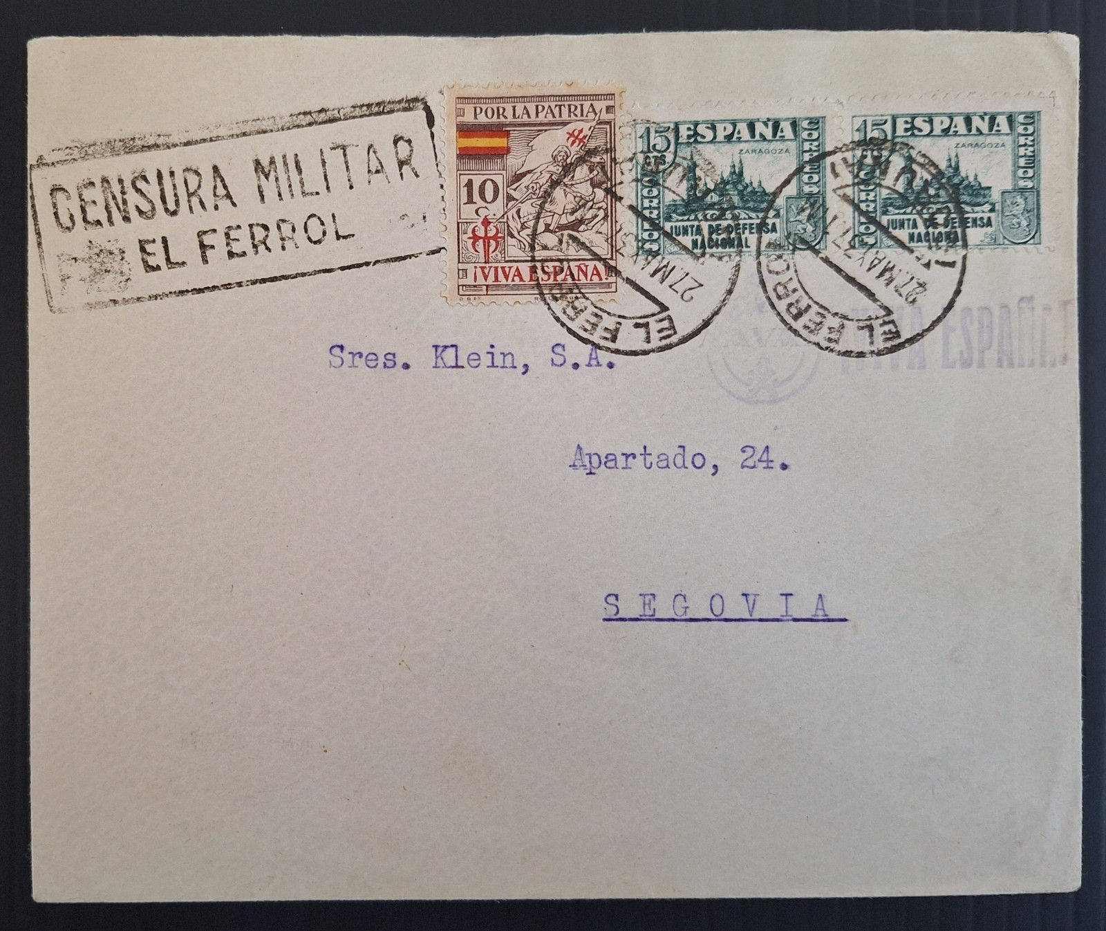 1937 Spain Civil War Censor Cover ties 2 Stamps cd El Ferrol-Segovia