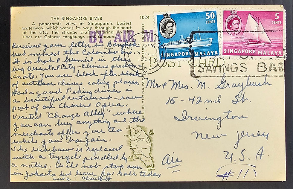 Thumbnail: 1962 Singapore Postcard-Singapore River 2 stamps cd Singapore-Irvington