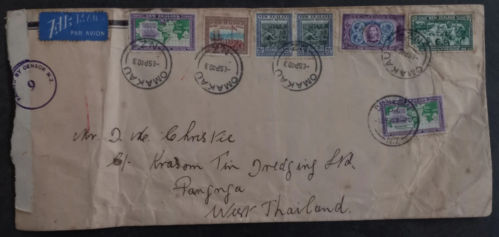 1940 New Zealand Censor Airmail Cover ties 7 stamps cancelled Omakau